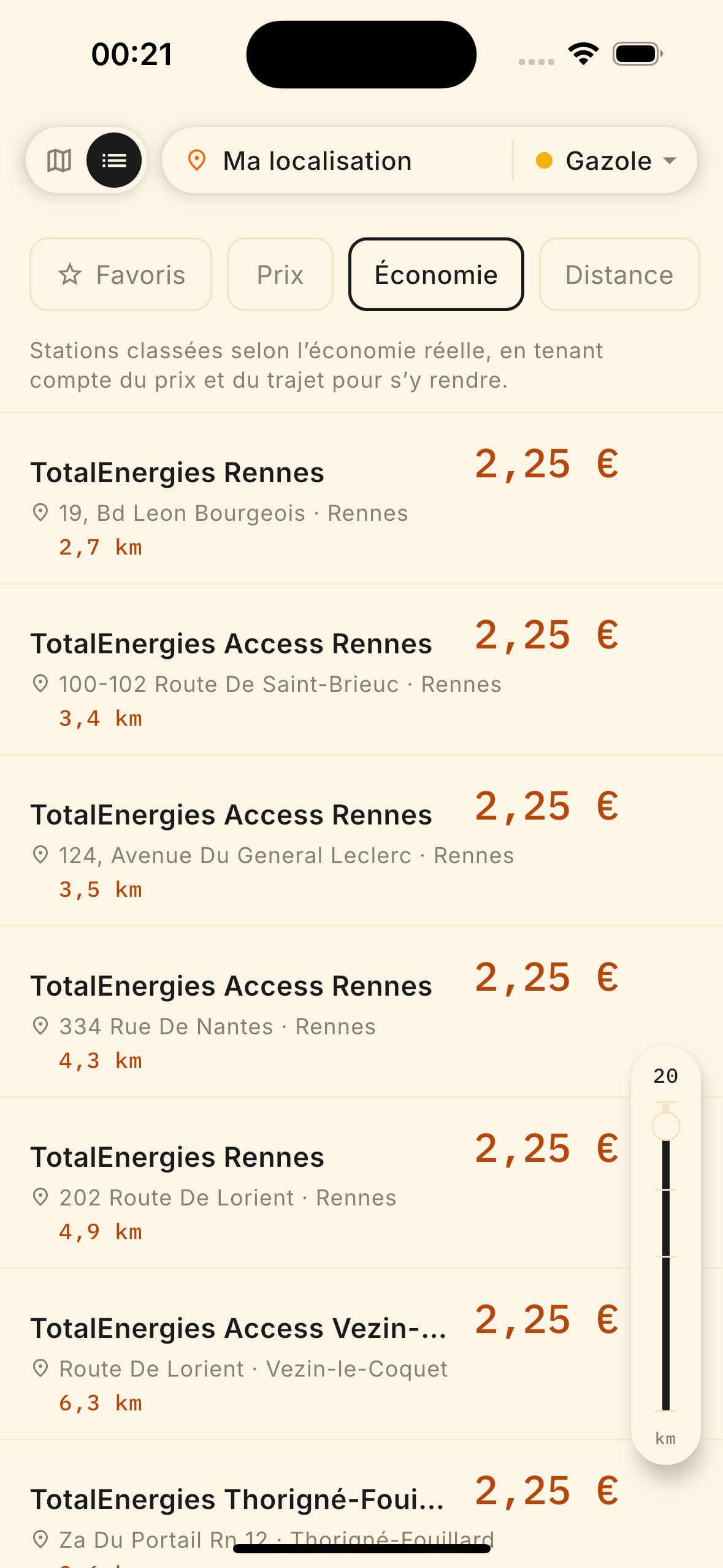 La liste des stations et la phrase qui explique le classement par économie