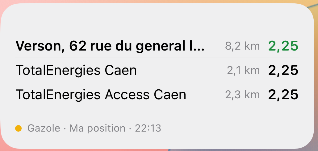 Le widget Karburant sur un écran d'accueil